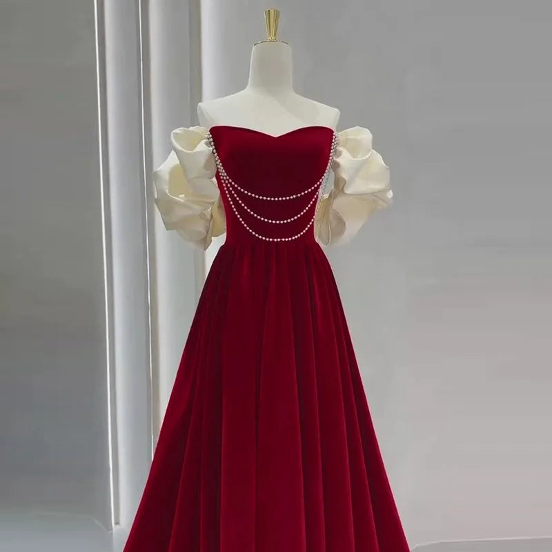 Lunivop  Women Off The Shoulder Prom Dress Princess Velvet  Korea Fashion Sweetheart Neck A Line Formal Graduation Evening Party Gown
