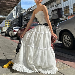 Lunivop   Elegant Off Shoulder Strapless Backless Tank Top With Elastic Waist Pleated Long Skirts Women Beach Holiday 2 Piece Set