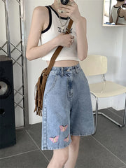Lunivop  Ele  Embroidery High Waist Wide Leg Jeans orts for Women Summer Anti-Wrinkle Stand Fit No Stretch Elastic