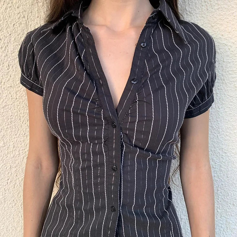 Lunivop Women's Black Lace Striped T Shirt, V-Neck, Button, Elegant Crop Top, Vintage Short Sleeved Cardigans, Women Grunge Korean Tees