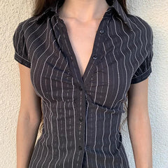 Lunivop Women's Black Lace Striped T Shirt, V-Neck, Button, Elegant Crop Top, Vintage Short Sleeved Cardigans, Women Grunge Korean Tees