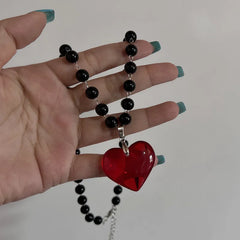 Lunivop Large Red Glass Heart Rosary Necklace Black Beaded Charm Goth Punk Hip Hop Rock Jewelry Accessories Gift Pendant Choker