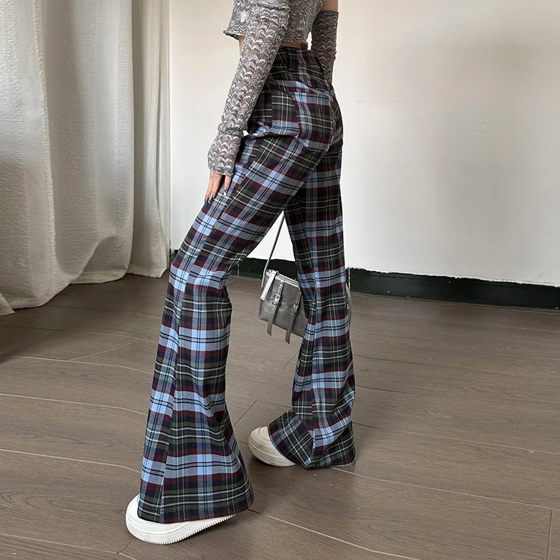 Lunivop Plaid Printed Slim Fashion Flare Pants High Waist Vacation Casual Streetwear Daily Basic Leggings Clohtes For Women