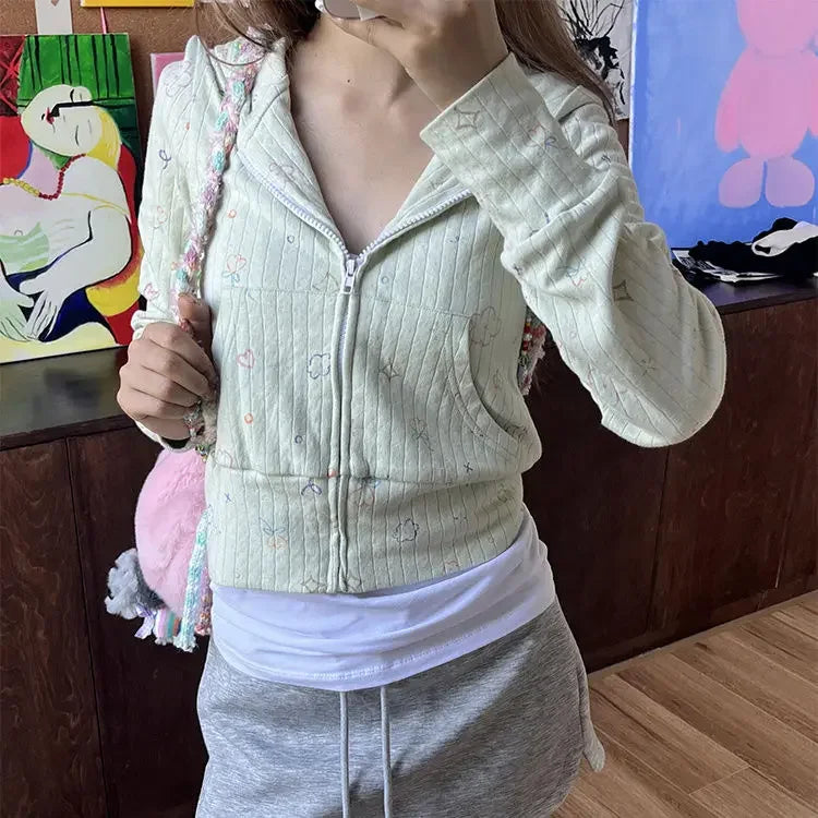 Lunivop  Sweet Floral Print Hoodie Sweatshirts Autumn New Slim Fit Tops Mujer Y2k Grunge Long Sleeve Zipper Cardigan Jackets