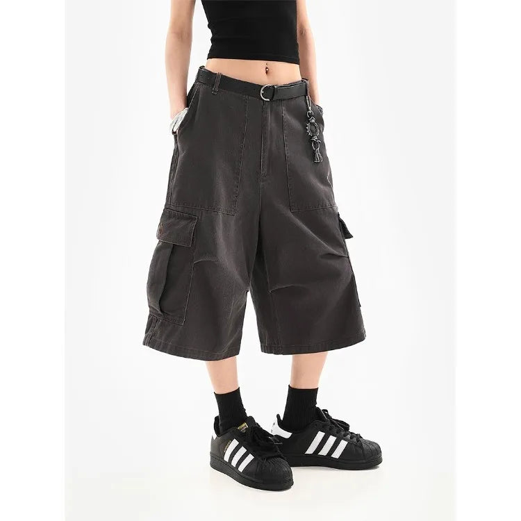 Lunivop  American High Street Shorts for Women Summer Multiple Pockets Vintage Calf- Length Pants All-match Loose Wide Leg Pants