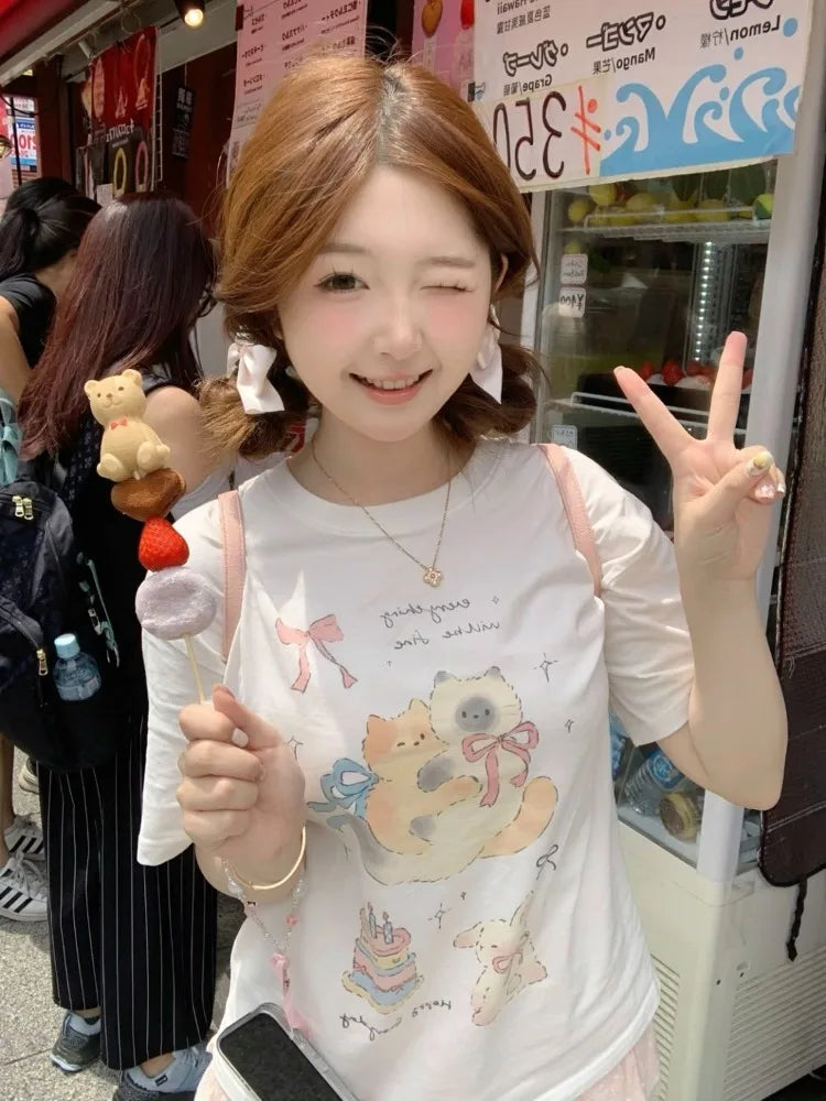 Lunivop  T Shirts Women Sweet Cartoon Cat Short Sleeve O Neck Funny Summer 2025 Fashion Tops Preppy Style Female Tshirt Casual