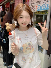 Lunivop  T Shirts Women Sweet Cartoon Cat Short Sleeve O Neck Funny Summer 2025 Fashion Tops Preppy Style Female Tshirt Casual