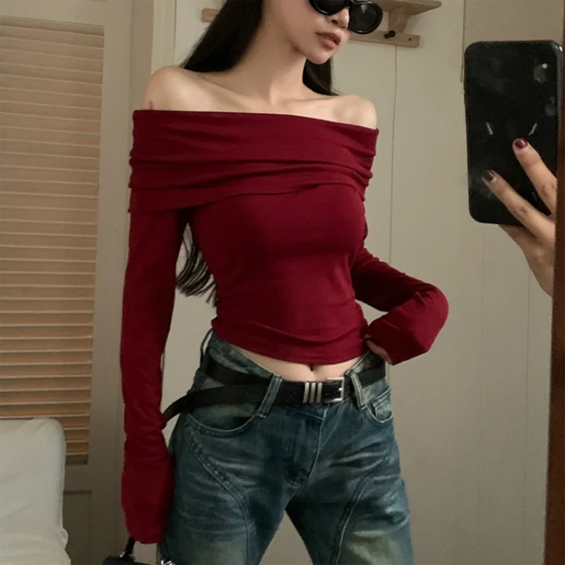 Lunivop Chic Women Sexy Off Shoulder T-shirt Winter Long Sleeve Slim Fit Crop Top Y2K Vintage Harajuku Black Tees Elegant Female Clothes