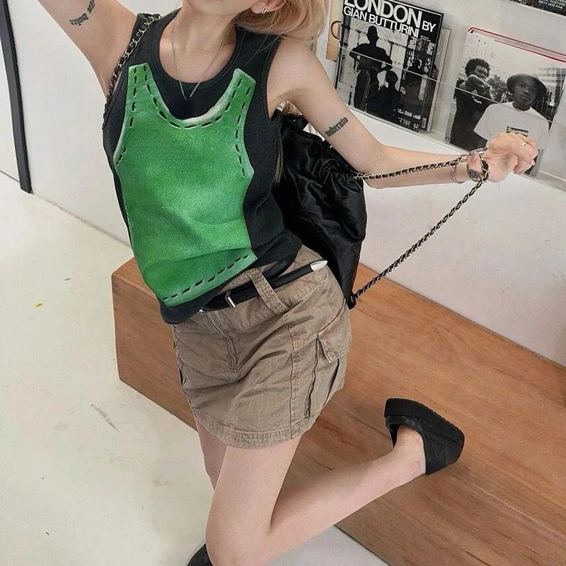 Lunivop  Fashion Patchwork Black Green Vest for Women Summer New Slim Fit Tank Top Y2k O-neck Sleeveless Tops Mujer