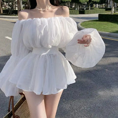 Lunivop  Sexy One Word Girl Spring and Autumn New Unique Waist Bubble Sleeve Shirt French Fold Bubble Sleeve Girl the dress black dress white dress