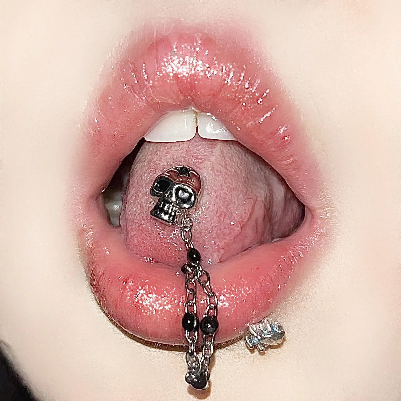 Lunivop Trendy Retro Skull Chains Tongue Studs Punk Goth Stainless Steel Drip Beads Tongue Rings With Piercing Jewelry for Teen Adult