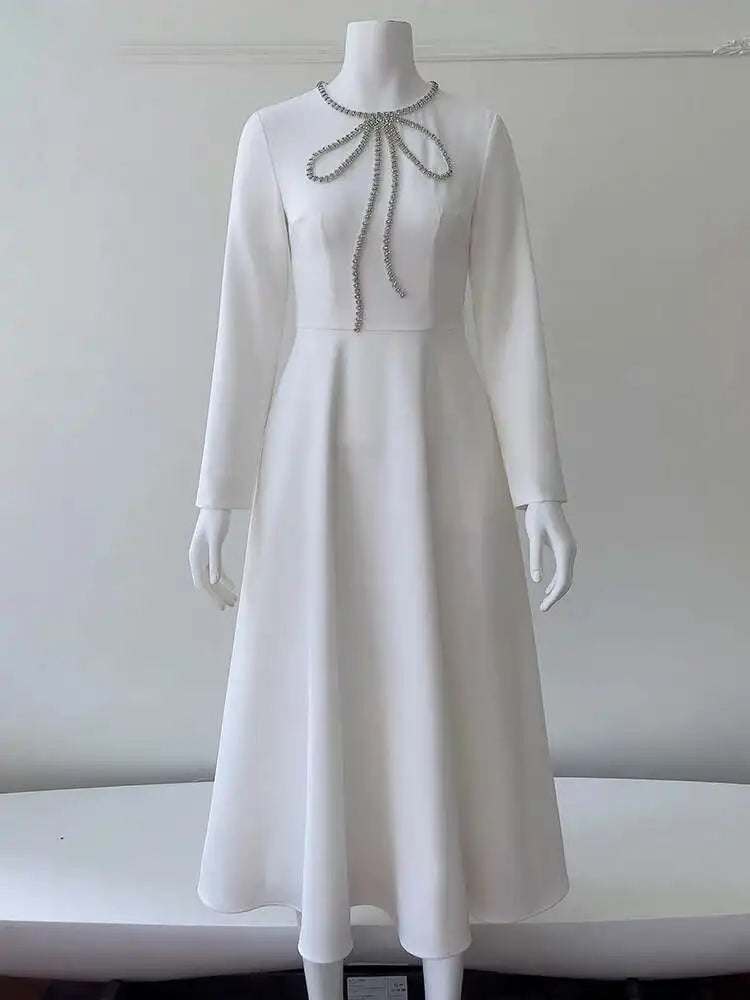 Lunivop Fashion Elegant Formal Dresses For Women Spliced Diamonds O Neck Long Sleeve High Waist Dress New Clothing