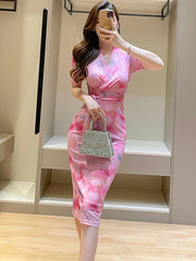 Lunivop  Korean Fashion Bodycon Bow Bandage Long Dress Summer Pink Print Mesh Casual Dress Women Elegant Chic Festival Party Dresses