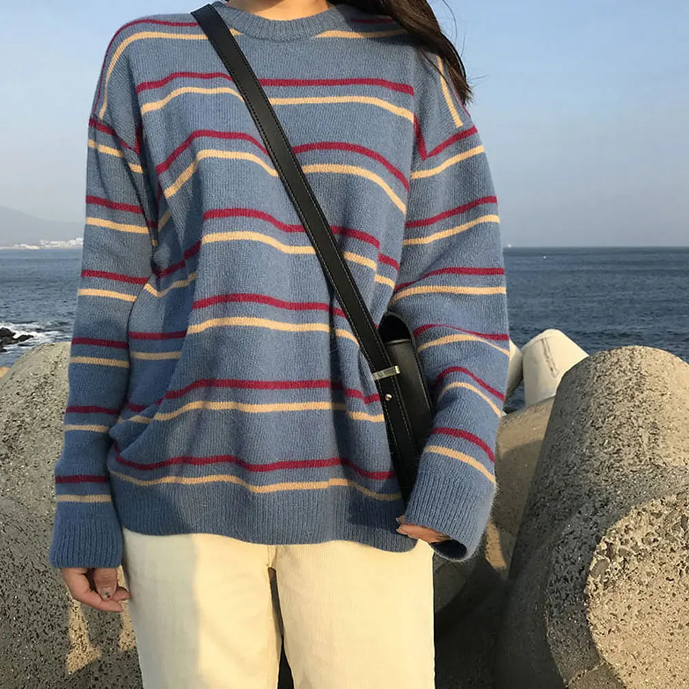 Lunivop Women Pullovers Crew-Neck Knitted Jumper New Student Striped Sweater Aesthetic  Outfit