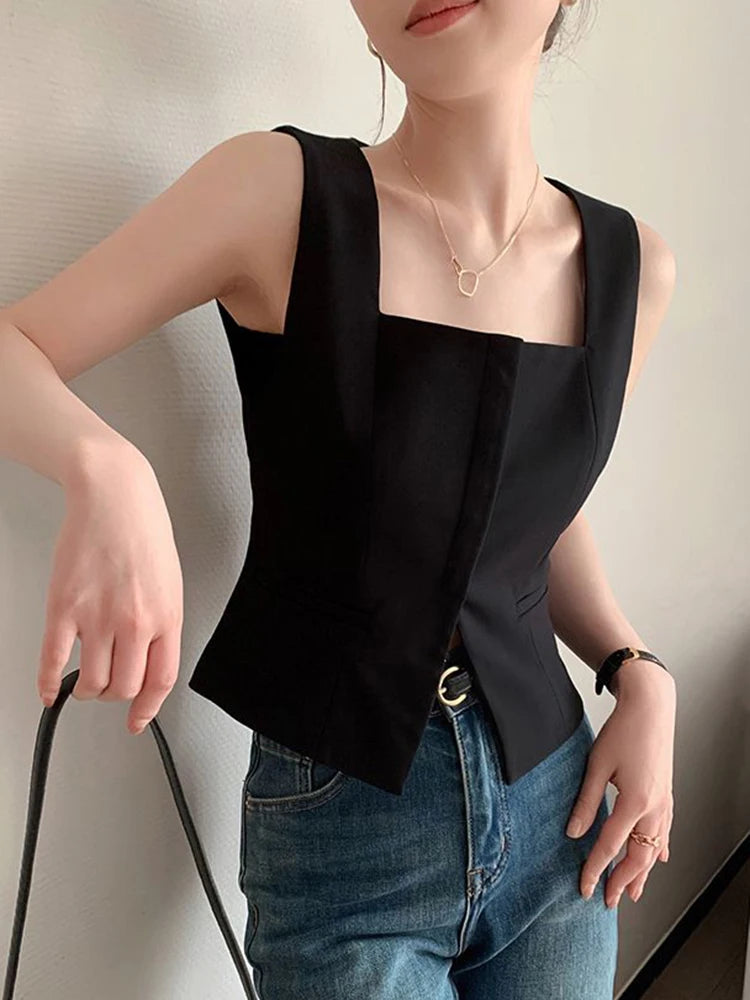 Lunivop Sexy Slit Slim Tanks Women Fashion Cropped Korean Black Tops Casual Elegant Design Square Collar Female Chic Short Tanks