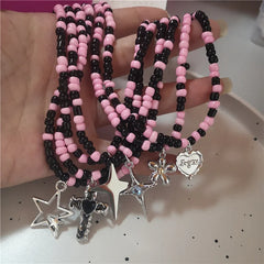 Lunivop Dopamine Pink Pendant Black Beaded Necklace For Women Sweet Cute Heart Flower Star Neck Chain Y2K Fashion Jewelry