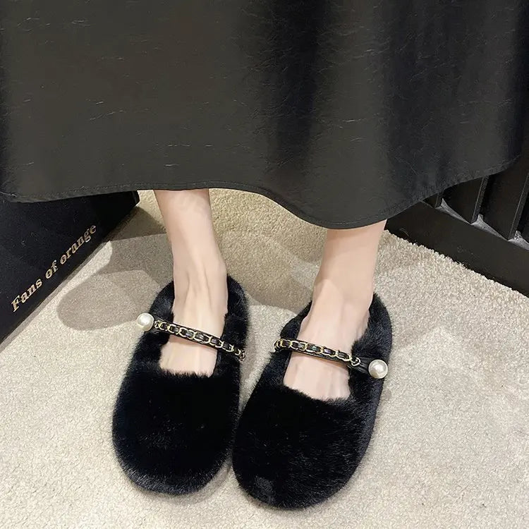 Lunivop Comfort Round Toe Lambs Wool Ballet Flats Woman Warm Teddy Fur Mary Jane Shoes Ladies Design Winter Fluffy Mule Slippers