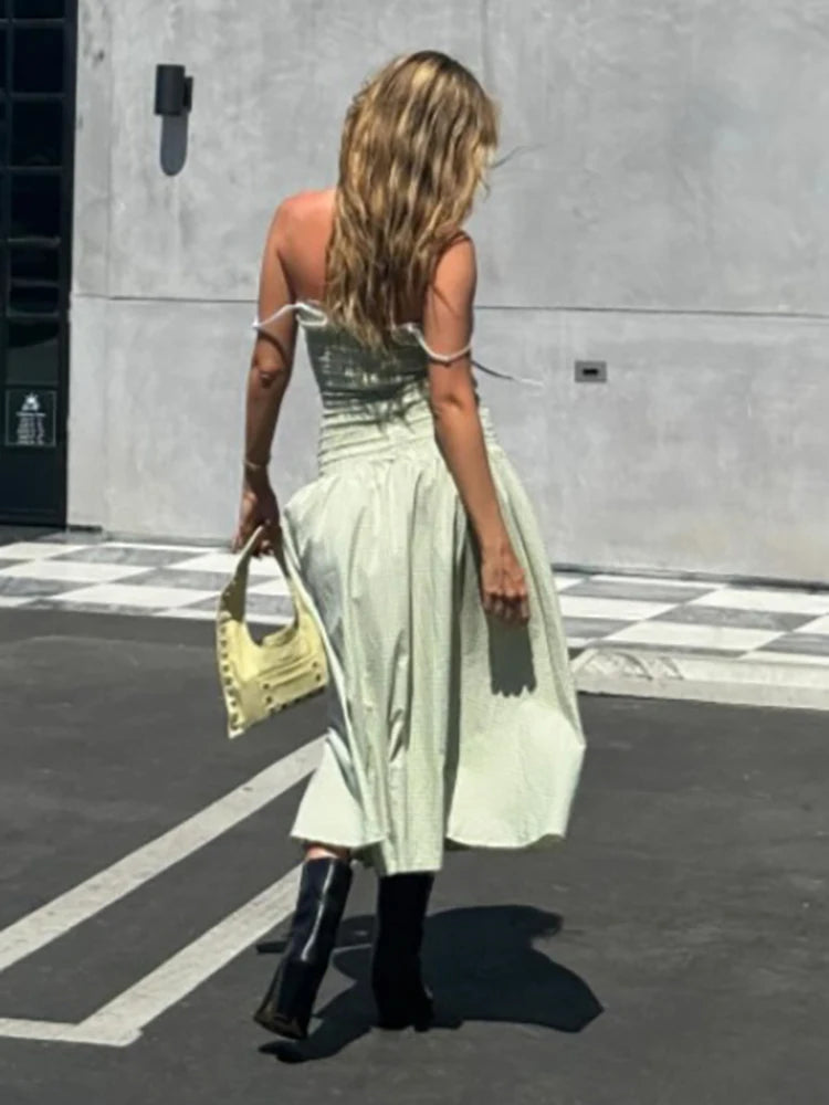 Lunivop Sexy Square Collar Ruched Women Maxi Dress Green Spaghetti Strap High Waist Dress Female Summer Slim Elegant Streetwear