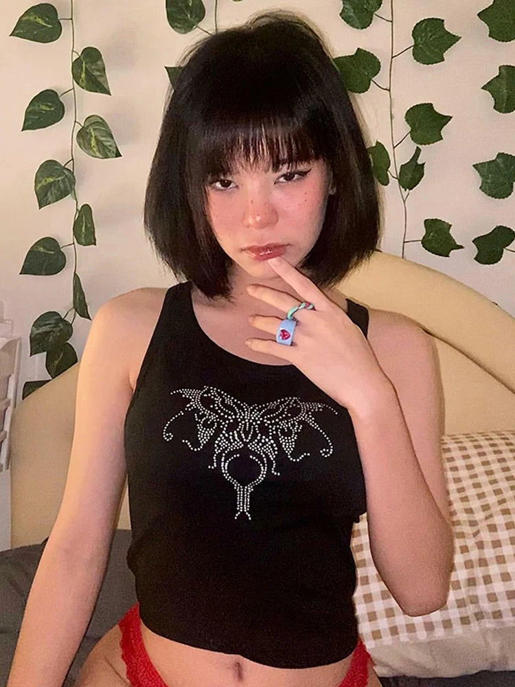 Lunivop Summer vintage women's T shirt Rhinestones Graphics Y2k Punk Sexy Black Butterfly Vest Top women O-neck short tops kawaii