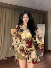 Lunivop  Elegant Vintage Oil Painting Blouses 2025 Summer New Shirts Women Irregular Skew Collar Off Shoulder Blusas De Mujer