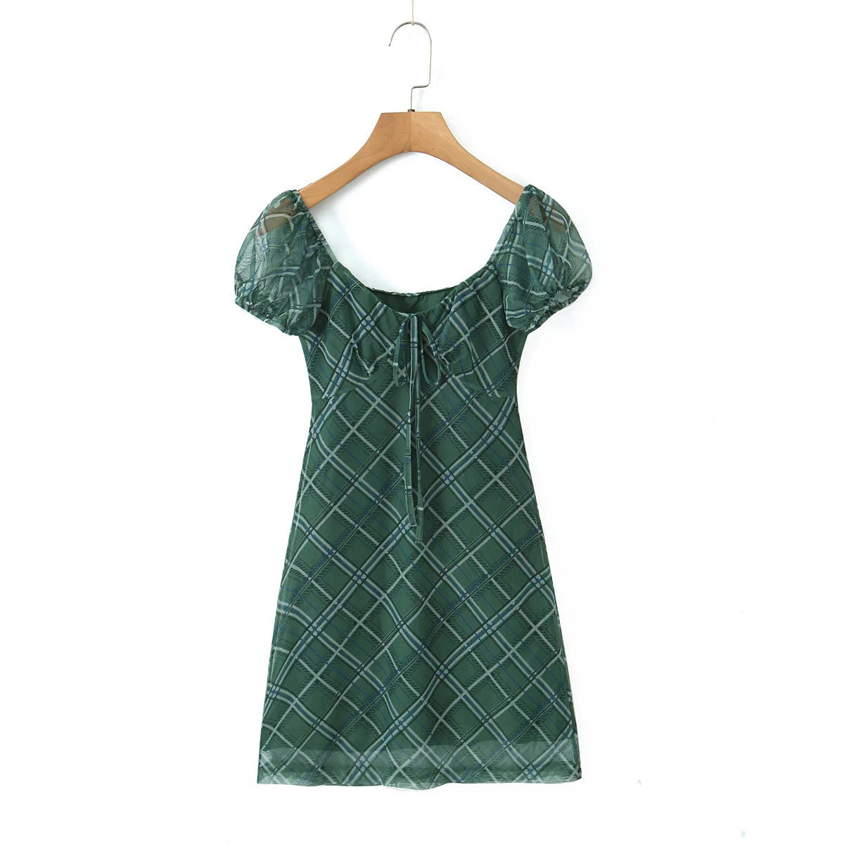 Lunivop  Retro French Green Plaid Puff Sleeve Mesh Mini Dress Sexy Women Bow Lacing up Square Collar Package Hips Bodycon Party Robe