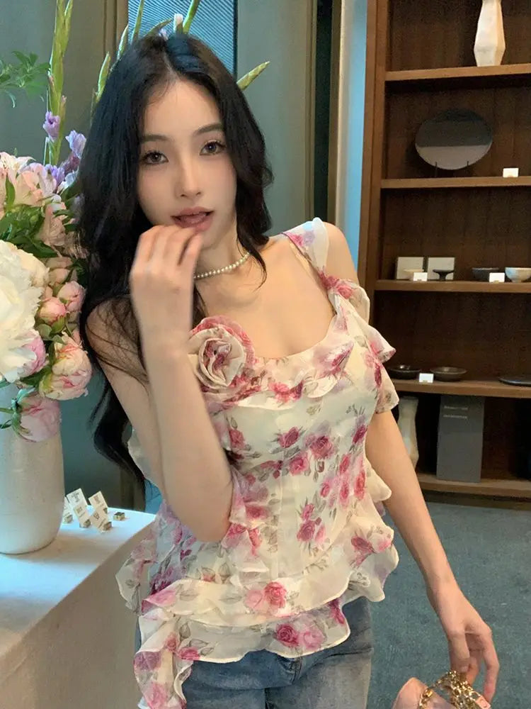 Lunivop  Irregular Camis Women Sweet Sexy Floral Printed Slash Neck Vintage Summer Fashion Holiday Tank Tops Female Casual