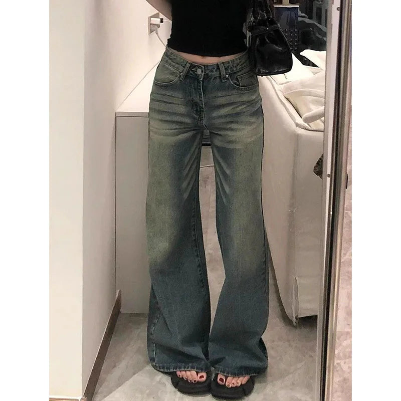 Lunivop  Women's Vintage Blue Denim Trousers Streetwear Y2K Low-Waisted Loose-Fit Jeans Female All-Match Casual Straight-Leg Long Pants