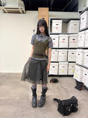 Lunivop  Deeptown Vintage Plaid Mesh Skirts Women Japanese Asymmetrical Mid Skirt Y2k Harajuku Lace Up Short Skirts Aesthetics Elegant