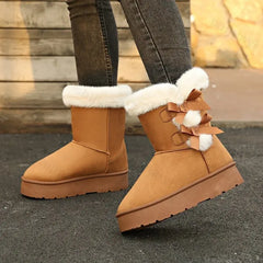 Lunivop Women Snow Boots Winter Mid-calf Boots Warm Cotton Shoes Fashion Bowknot Solid Color Ladies Brown Platform Long Boots Plus Size