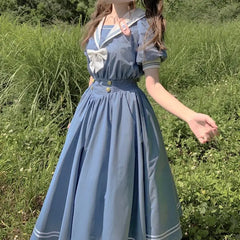 Lunivop  Japanese Sailor Suit Summer Womens Dresses Preppy Style Lolita JK Midi Dresses Casual Sailor Collar Elegant Party Dress