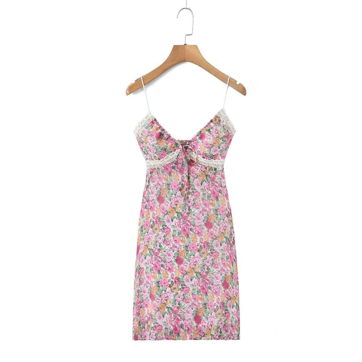 Lunivop  Pink Floral Print Backless Sling Dress Summer Woman Spliced Lace Bow V neck Mini Short Robe Beach Holiday Vestidos