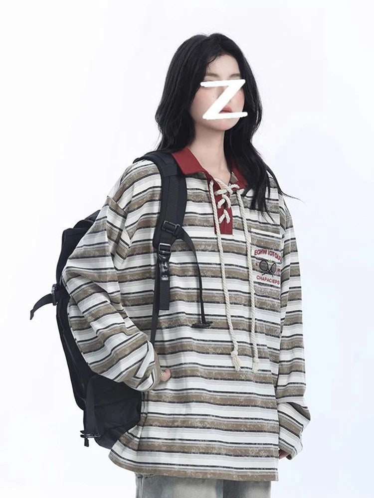 Lunivop Retro Preppy Style Striped T Shirt Women Loose Long Sleeve American Retro Tees Fall New Letter Embroidery Lace Up Patchwork Tops