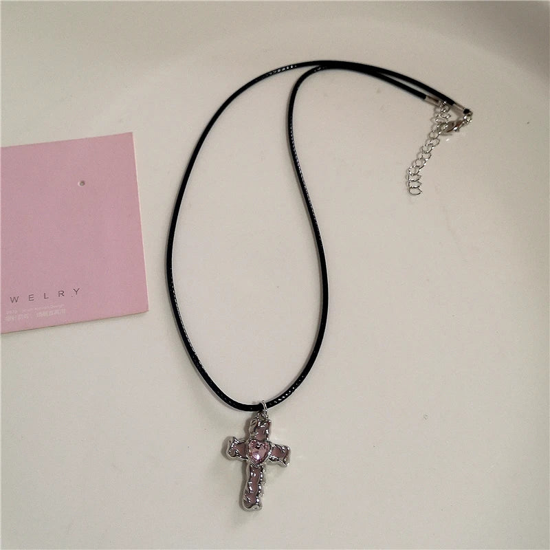 Lunivop Gothic Y2K Pink Cross Heart Pendant Chain Choker Necklace For Women Egirl Hip Hop Punk Charms Aesthetic Jewelry EMO Accessories