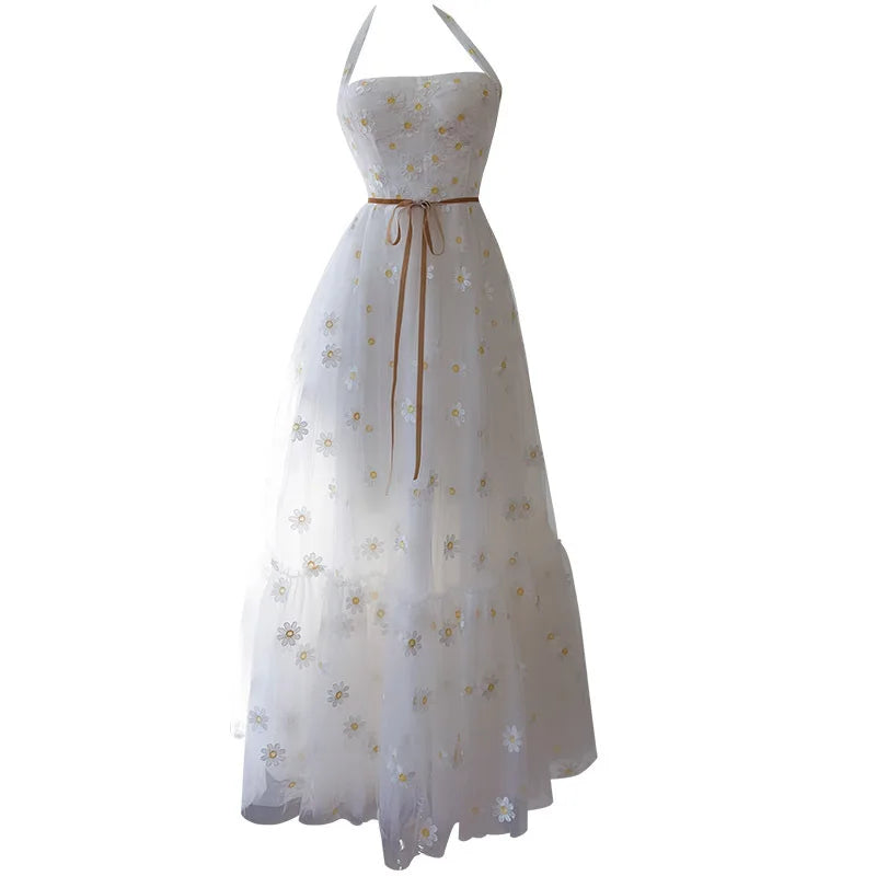 Lunivop  Fashion Mesh Embroidered Dress Women's Hanging Neck Strapless A Line Dresses 2025 Summer New Tide