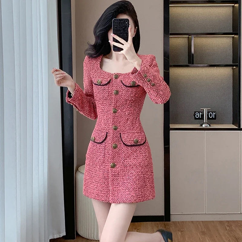 Lunivop  Women Pink Tweed Thick Warm Mini Dress Autumn Winter Long Sleeve Square Collar Dress Korean Elegant Bodycon Birthday Dress