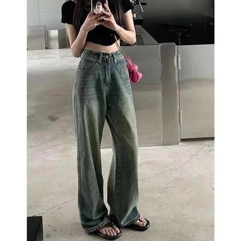 Lunivop  Blue Women's Jeans Hip-hop Fashion Vintage Streetwear Y2K Wide Leg Straight Jean High Waist Trouser Classic Baggy Denim Pants