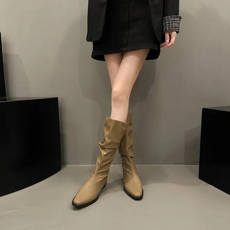 Lunivop Vintage Thick Heel Women Pleated Knee High Boots New Fashion Slip on Shoes Autumn Winter Ladies Pointed Toe Long Booties