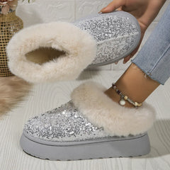 Lunivop New 2025 Winter Ankle Snow Boots Women Fashion Shiny Fur Short Plush Warm Flats Slippers Platform Shoes Indoor Cotton Flip-Flops