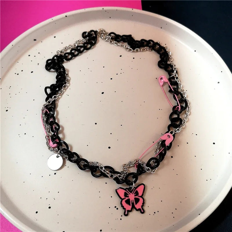 Lunivop Punk Pink Butterfly Star Cross Rope Chain Choker Necklace For Egirl Y2k EMO Goth Harajuku Aesthetic Grunge Jewelry Accessories