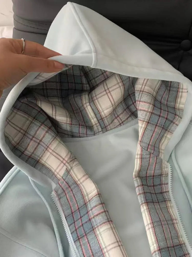 Lunivop Plaid Patchwork Blue Hoodies Women Sweet Preppy Style Long Sleeve Cute Sweatshirts Loose Casual Vintage Female Korean Tops New