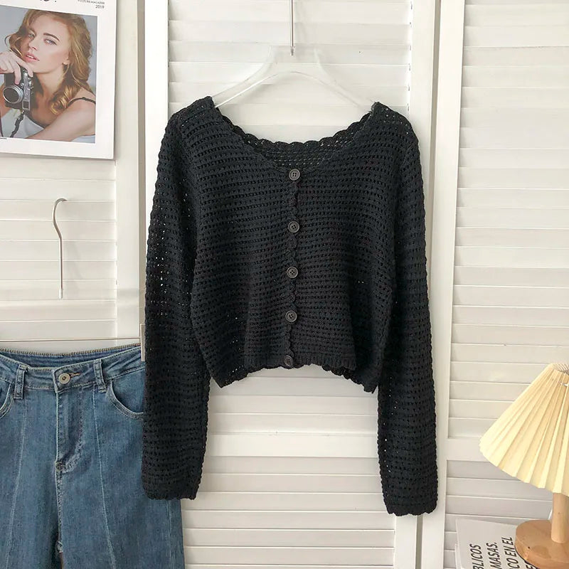 Lunivop Crochet Cardigan for Women Sheer Openwork Knit Long Sleeve Button Up Crop Top Teen-girl Shrug Cardigan Autumn Spring Y2K Outfit