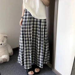 Lunivop Plaid Long Skirt Women Vintage Ruffle Kawaii Midi Skirt Preppy Style Korean Fashion Loose Casual A-line Retro Skirts