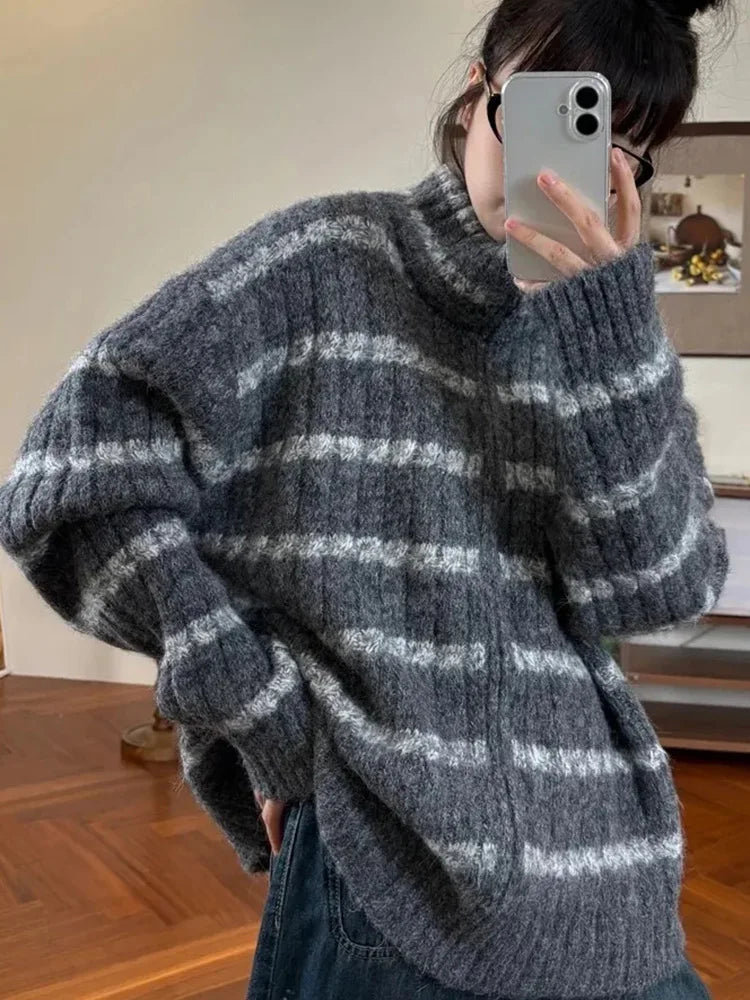Lunivop Lazy Wind Vintage Striped Cardigan Women Casual Preppy Style Loose Knitted Sweaters Japan Retro Stand Up Collar Long Sleeve Tops