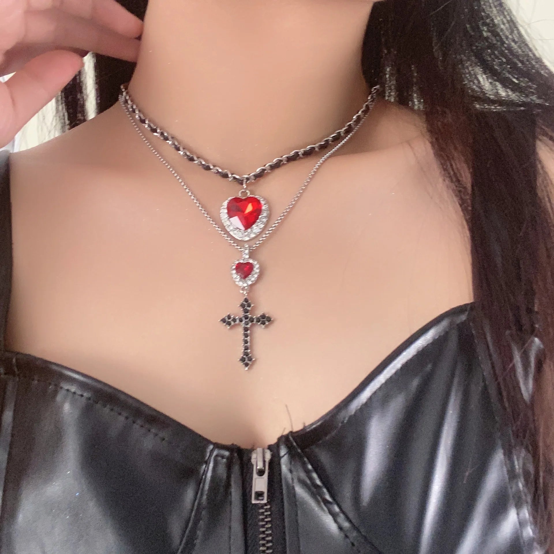 Lunivop Double Layered Leather Red Crystal Heart Pendant Necklace for Women Exquisite Cross Earrings Collarbone Chain Gothic Jewelry Set