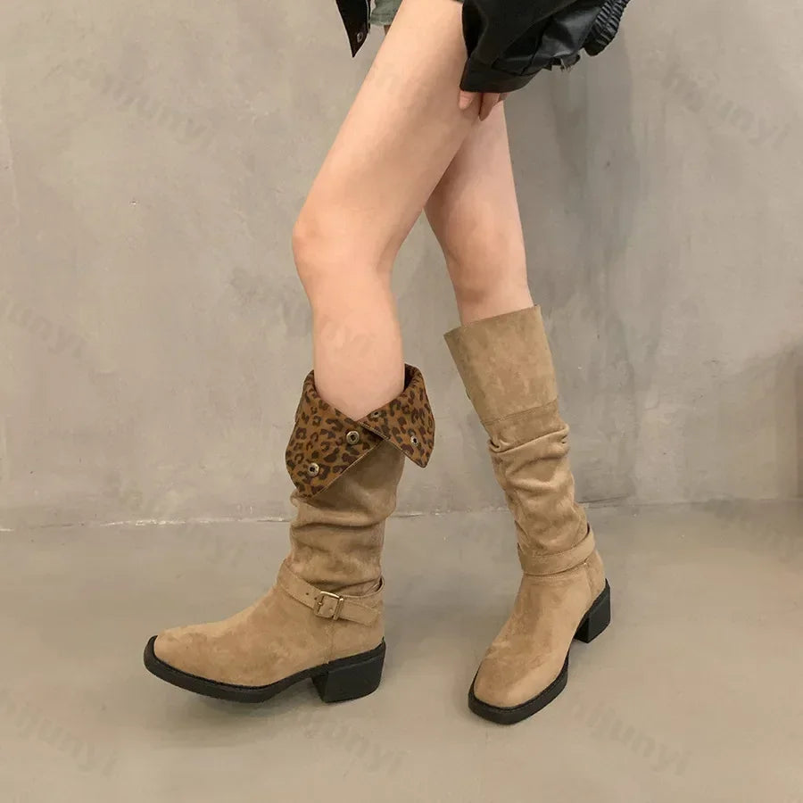 Lunivop Designer Leopard Pleated Knee Boots Woman Chunky Heel Pull-on Long Booties Ladies Fashion Buckle High Knight Botas De Mujer