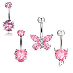 Lunivop  4Style Pink CZ Piercing Rings, Stainless Steel Multi-Shape Body Jewelry Set, Devil Round Butterfly Belly Rings