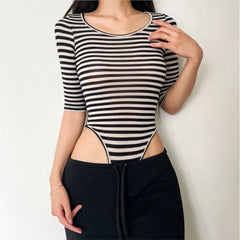 Lunivop  Summer O neck Black Beige Horizontal Stripes Half Sleeve Bodysuit Woman Tight Short Jumpsuit Slim fit Rompers Playsuits