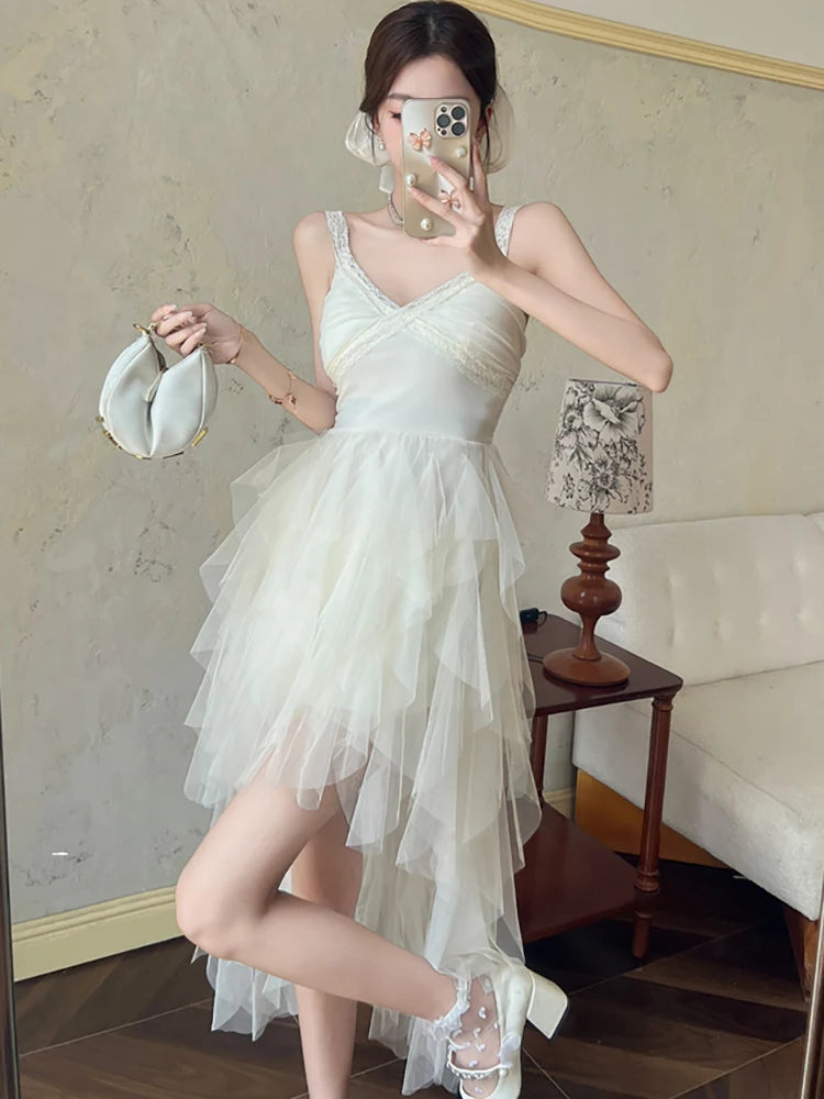 Lunivop  New White Elegant Lace Sling Sexy Dress Summer Fashion Patchwork Ruffled Luxury Dress Women Korean Elegant Birthday Dresses