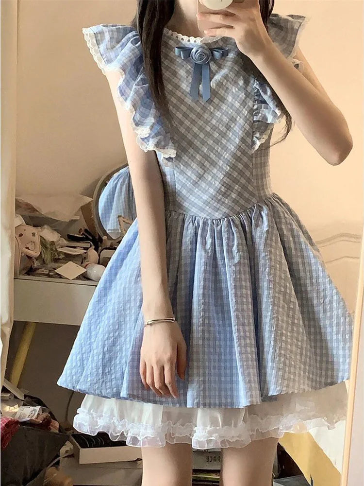 Lunivop  Cute Sweet Blue Plaid Dress Women Elegant 3D Floral Flying Sleeve Mini Dress Japan Vintage Slim Kawaii Lace Patchwork Dress