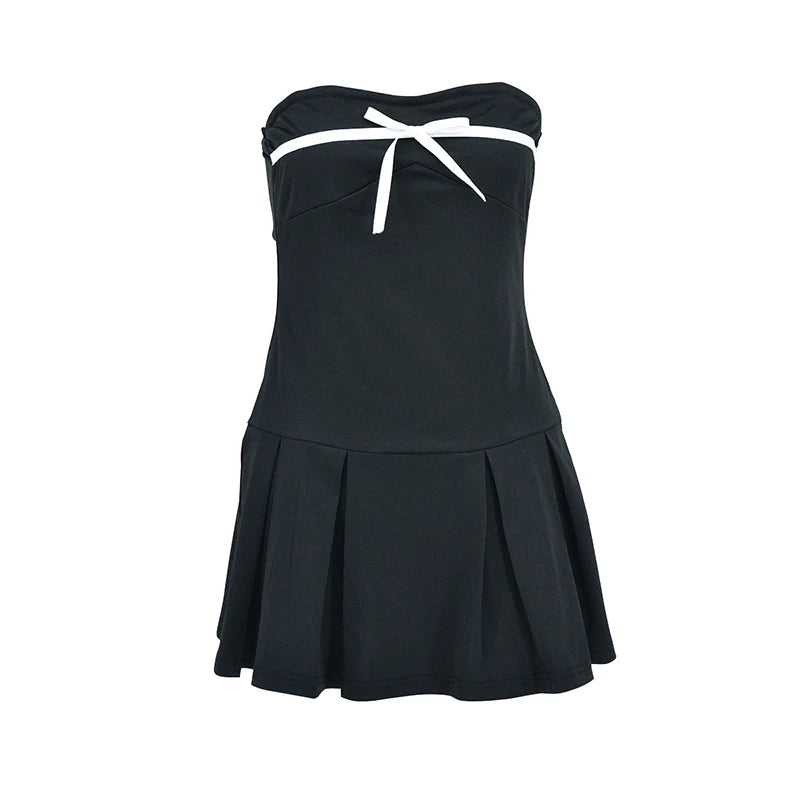 Lunivop  BKLD Lady Birthday Party Outfit Strapless Contrasting Design Bowknot Patchwork Sleeveless Backless High-waist Pleated Mini Dress